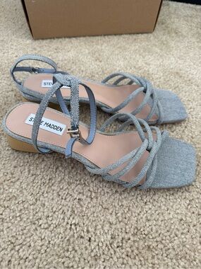 Steve Madden Abagail Light Blue Denim Strappy Block Heel Sandals